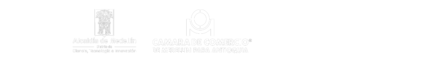 Logos en blanco de la Alcaldía de Medellín, Cámara de Comercio, Comfama, que son aliados de Escuela de Verano 2026