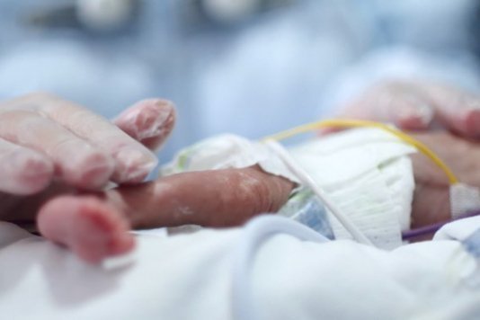 Mano de un recién nacido en cuidados intensivos sostenida por un profesional.