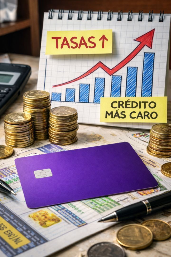 Fotografía en primer plano de elementos financieros como tarjeta bancaria y gráficos, simbolizando el incremento en las tasas de interés y el encarecimiento del crédito.